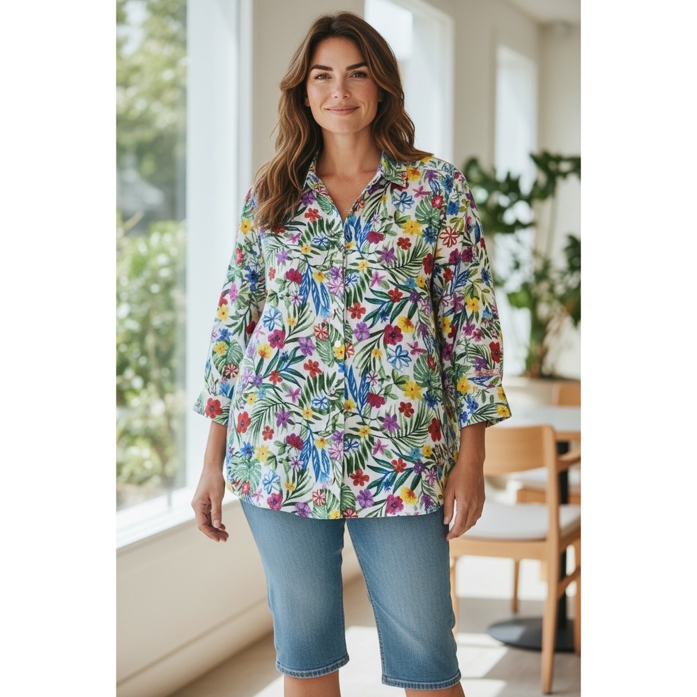 John Mark 3X Linen Capri Embroidered Floral‎ Multicolored Blouse Plus Size NET